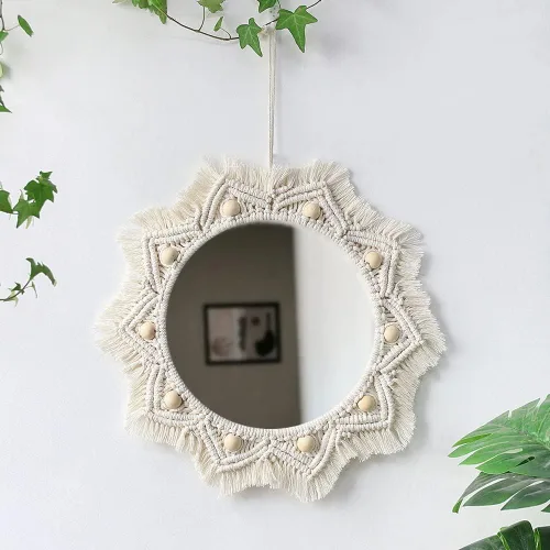 Vista 2 de Yulakes Boho Mirror Macrame Wall Hanging Tapestry, Hand-Woven Wall Decoration, Circle Hanging Mirror, Tapestries, Bohemian Tapestry, Woven Home