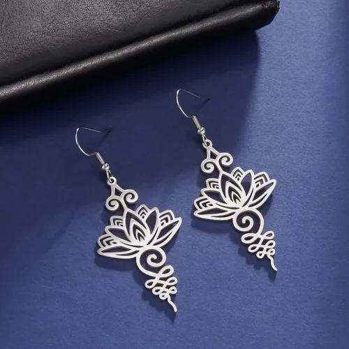 Vista 3 de Pendientes colgantes de loto para yoga, varillas de flores, delicados, lindos, modernos, meditación, chakras, joyería de moda, regalo para niña