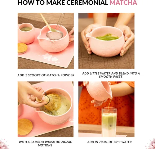 Vista 6 de Juego de batidor Matcha – Kit de inicio de matcha tradicional japonés con cuenco, batidor de bambú y tamiz Juego completo de ceremonia de té Rosa