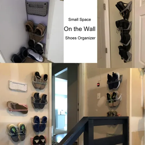 Vista 2 de Paquete de 4 zapateros de plástico para colgar en la pared, organizador plegable creativo, estante de almacenamiento para zapatos de campista