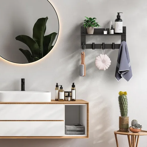 Vista 2 de VAEHOLD Perchero de pared con ganchos de pared con ganchos de pared superior e inferior doble estante de entrada con 5 ganchos de acero inoxidable