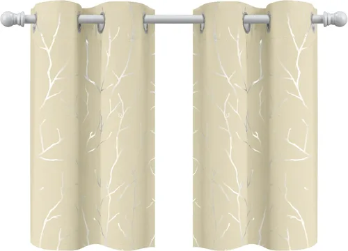 Vista 39 de BUHUA Cortinas pequeñas para ventana de 36 pulgadas de largo, 2 paneles, cortinas opacas con elegantes ramas de árbol plateadas, cortinas de bloqueo