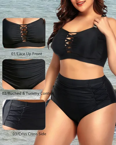 Vista 4 de Daci - Traje de baño de dos piezas para mujer, talla extragrande, cintura alta, fruncido, con cordones Negro