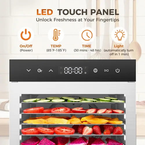 Vista 8 de OLIXIS Máquina deshidratadora de alimentos, deshidratadores de carne seca de 500 W con 8 bandejas grandes de acero inoxidable, control