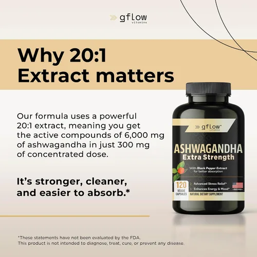 Vista 3 de gflow vitamins Suplementos de Ashwagandha para mujeres y hombres 6000mg Apoyo para el sueño, el estado de ánimo y la energía Fuerza extra
