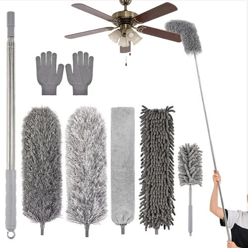 Vista 8 de Plumero de telaraña con poste de extensión, limpiador de plumas de microfibra lavable 5 en 1 kit con 3 cabezales de plumero, plumero largo