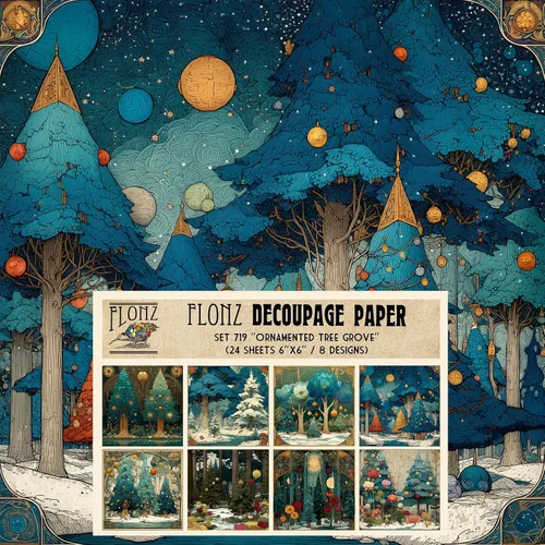 Vista 6 de Decoupage - Paquete de papel (24 hojas de 6 x 6 pulgadas), místico bosque nevado ~ árboles estilizados en colores profundos de invierno, cielos