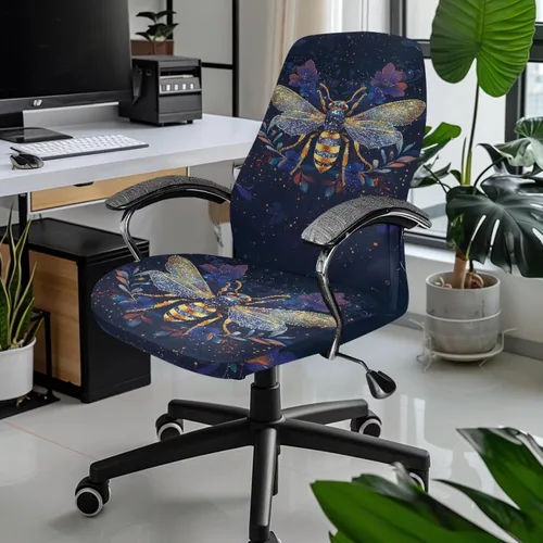 Vista 2 de Xoenoiee Bee Floral Print Office Chair Covers, Stretch Computer Boss Chair Cover with Button High Back Chair Slipcover Anti-Dust Rotating Chair