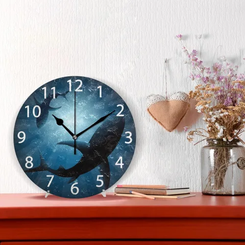 Vista 2 de senya Reloj de pared redondo de tiburones bajo el agua, pintura al óleo silenciosa sin tictac, decorativo para el hogar, oficina, escuela, reloj