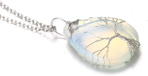 Vista 5 de Halukakah LUNARLOVE - Collar de piedra lunar Hecho a mano Platino18k chapado en oro de 18 quilates con alambre de árbol de la vida, colgante