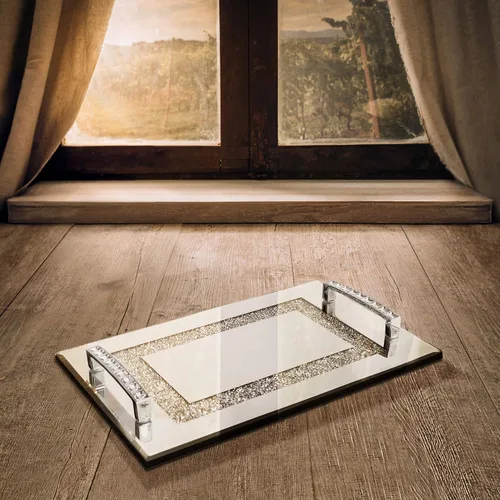 Vista 2 de American Atelier Bandeja decorativa brillante con asas, color plateado