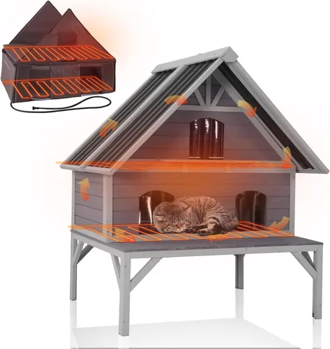 Vista 17 de GUTINNEEN Casa grande para gatos con calefacción para exteriores con forro aislante, refugio para gatos resistente a la intemperie con almohadilla