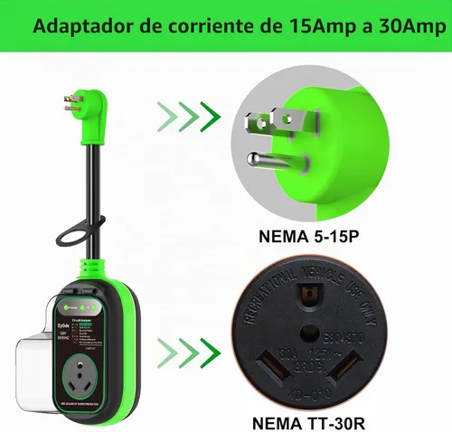 Vista 2 de EyGde Adaptador de 15 amperios a 30 Amp 110 RV con protector de sobretensión, adaptador patentado 4500J 5-15P macho a TT-30R RV enchufe RV Verde