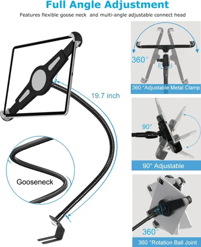 Vista 6 de Soporte de tableta para riel de asiento de automóvil para camión, cuello de cisne de aluminio, soporte para tableta, abrazadera de cámara
