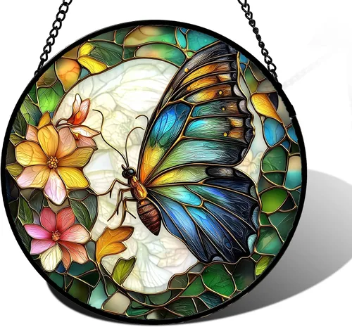 Vista 17 de DASTOLL Conjunto de 4 Piezas de Vidriera Manchada para Colgar en Ventanas, Tema de Flores Púrpuras, 16 cm - Atrapasoles de Tulipán para Puerta Juego