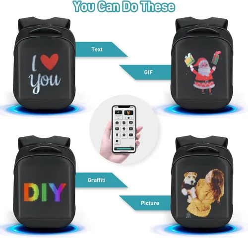 Vista 2 de Mochila para laptop con pantalla programable, mochila LED para laptop con control de aplicación, bolsa LED impermeable, viajes, mochila