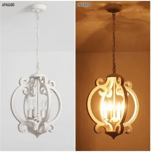 Vista 7 de Lámpara de araña de granja para comedor, lámpara de campo francés, color blanco envejecido, candelabro de madera rústica de 4 luces, lámpara