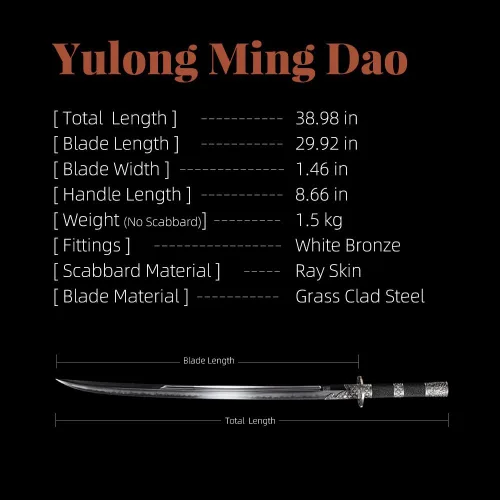 Vista 7 de Yulong Ming Dao, sable chino tradicional de 38.98 pulgadas con hoja de acero revestido, accesorios de bronce blanco y vaina cubierta de piel