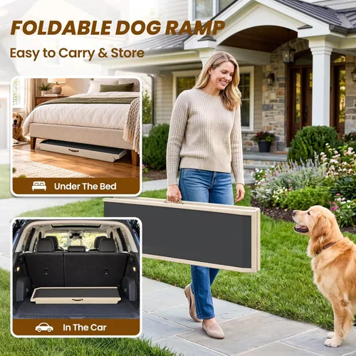 Vista 6 de Rampa para perros para cama, rampa de madera ajustable para mascotas de 46 Beige