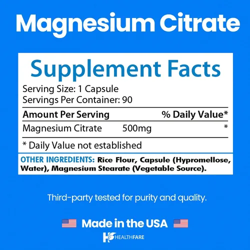 Vista 3 de HealthFare Cápsulas de citrato de magnesio de 500 mg 90 píldoras veganas Suplemento mineral esencial de alta absorción Fórmula extra fuerte