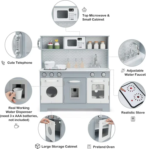 Vista 2 de Costzon Juego de Cocina para Niños, Set de Juego de Cocina de Madera de Simulación con Estufa, Refrigerador, Microondas, Fregadero Removible