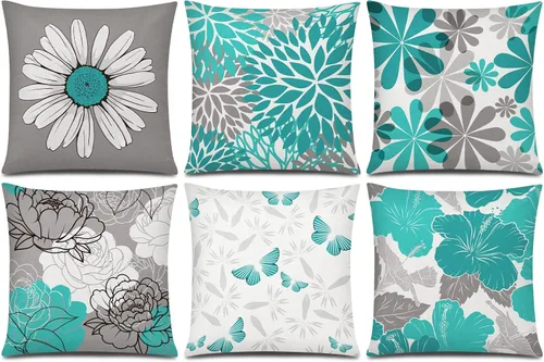 Vista 24 de COMMINY Juego de 6 fundas de almohada decorativas de 16 x 16 pulgadas / 16.0 x 16.0 in., diseño de margaritas y margaritas para sofá, moderna funda