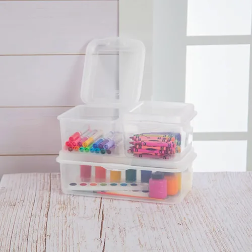Vista 8 de Sterilite FlipTop, contenedor de almacenamiento pequeño apilable con tapa con bisagras, contenedor de plástico para organizar el escritorio