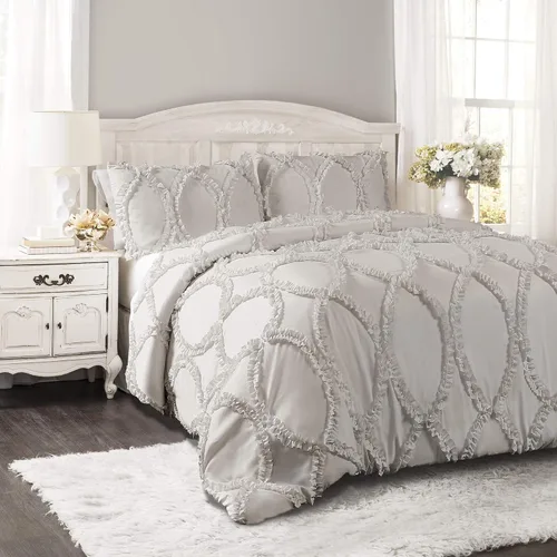 Vista 10 de Juego de edredón Lush Decor Avon, juego de 3 piezas, tamaño Full/Queen, color marfil - Juego de cama romántico estilo granja - Elegante ropa de cama
