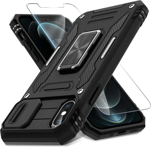 Vista 90 de DEERLAMN Funda para iPhone Xs Max con funda deslizante para cámara + protector de pantalla, soporte giratorio de anillo de grado militar a prueba