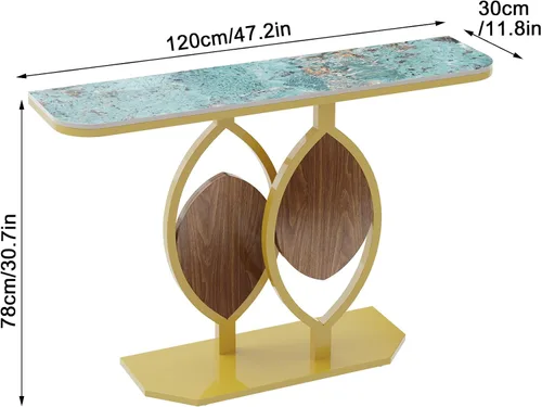 Vista 3 de Wisfor Mesa consola de piedra sinterizada: mesa de entrada verde con marco dorado - Lujosa mesa auxiliar de sofá estrecha - Mesa larga para pasillo