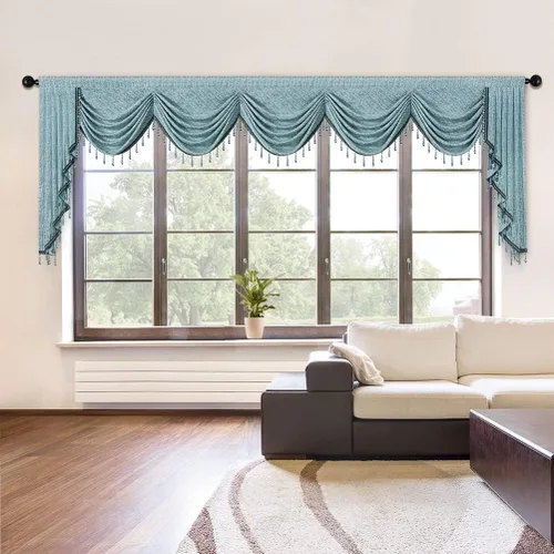 Vista 22 de ELKCA Cenefa de Cascada Jacquard con Cuentas de Lujo Beige Cenefas de Cortinas de Ventana para Sala de Estar, Bolsillo para Varilla, 1 Panel