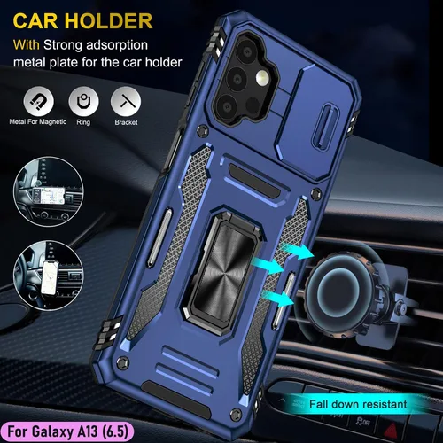 Vista 8 de Funda resistente para Samsung Galaxy A13 (5G), protector híbrido de goma de doble capa de grado militar con protector de cámara deslizante, soporte