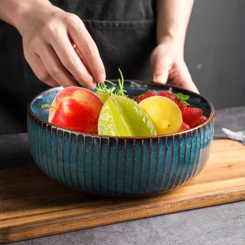 Vista 2 de CSYY Ensaladera de 66 onzas, 8 pulgadas, cuencos de sopa grandes, cuenco redondo de porcelana azul decorativo para ensalada, papas fritas, cereales