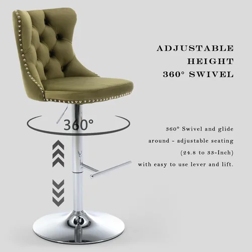 Vista 154 de SoarFlash Juego de 2 taburetes de bar tapizados de terciopelo moderno con patas de madera, botones acolchados, cabeza de clavo cromada, asiento