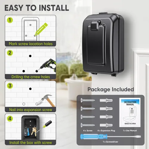 Vista 7 de BKNOOU Caja de bloqueo de llave resistente e impermeable para exteriores, caja de bloqueo de pared de gran capacidad para llaves con código, caja