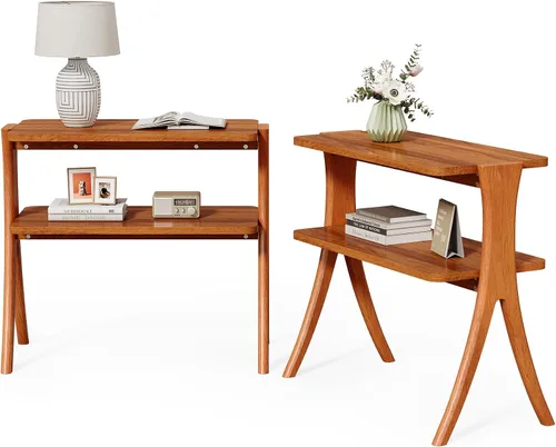 Vista 9 de LITTLE TREE Mesa auxiliar estrecha, mesa de centro de 2 niveles estilo granja con patas de madera maciza, mesa auxiliar pequeña, ahorradora