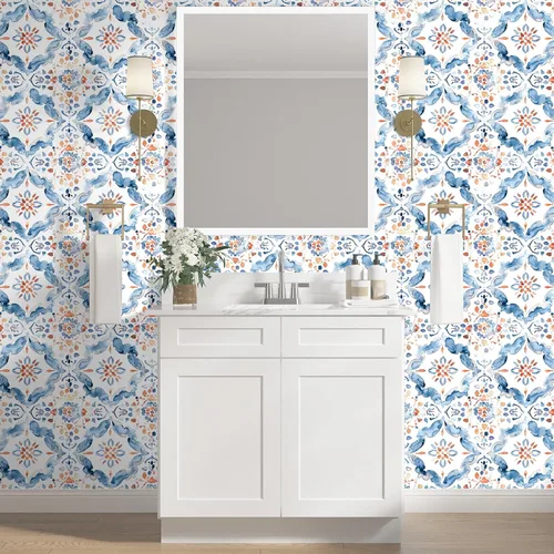 Vista 3 de HAOKHOME Papel tapiz geométrico para despegar y pegar, diseño de damasco floral azul/blanco/rojo, papel de pared extraíble, decoración moderna