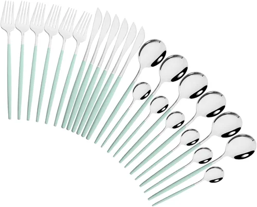 Vista 19 de Juego de cubiertos de 24 piezas, juego de cubiertos de acero inoxidable con espejo, cucharas, tenedores, cuchillos, diseño moderno, servicio para 6