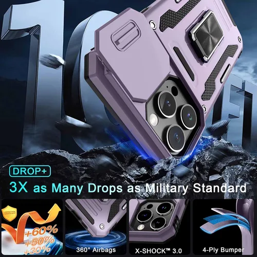 Vista 138 de DEERLAMN Funda para iPhone Xs Max con funda deslizante para cámara + protector de pantalla, soporte giratorio de anillo de grado militar a prueba