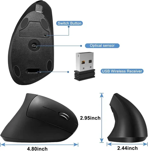 Vista 7 de ASOI - Ratón ergonómico inalámbrico, recargable de 2.4 G, inalámbrico, óptico, vertical, ergonómico, 100012001600 DPI, para laptop, escritorio, PC