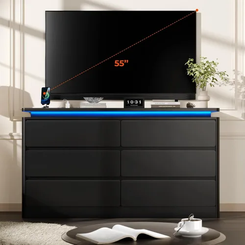 Vista 8 de Gyfimoie Cómoda Negra de 6 Cajones para Dormitorio, Cajonera Larga de 47.2" con Estación de Carga y Luces LED, Gabinete de Almacenamiento de Madera
