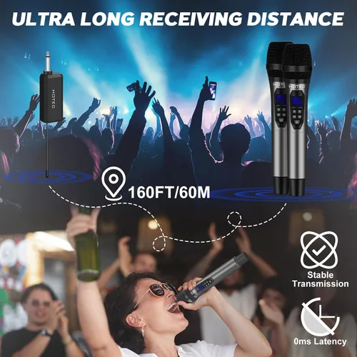 Vista 5 de HOTEC Micrófonos inalámbricos Dual UHF Sistema de micrófono de mano con control de eco/volumen, receptor recargable para karaoke, iglesia, boda