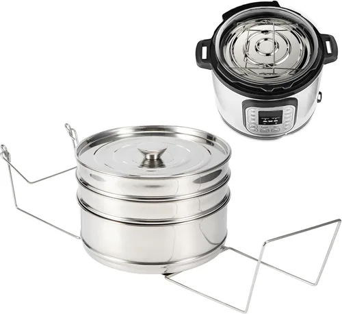 Vista 5 de Juego de ollas apilables de acero inoxidable de 3 niveles, cesta de alimentos con mango plegable, accesorios de olla a presión para cocinar, incluye