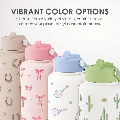 Vista 5 de Regalo de repostería para mujeres, botella de agua de acero inoxidable de 32 oz con tapa y popote, botellas aisladas estéticas de dulces, regalos