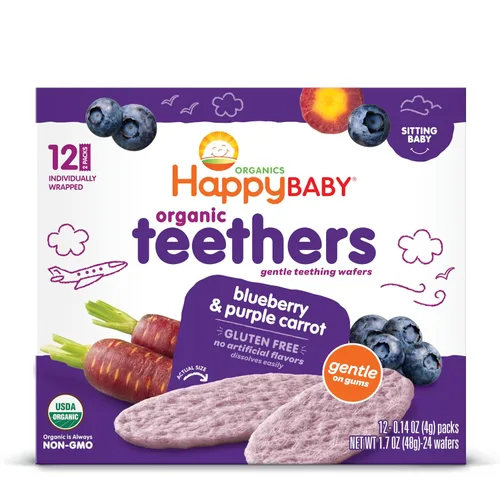Vista 9 de Happy Baby Organics - Bocadillos para bebés, obleas suaves para la dentición, sin gluten y veganas, arándanos y zanahoria morada, 12