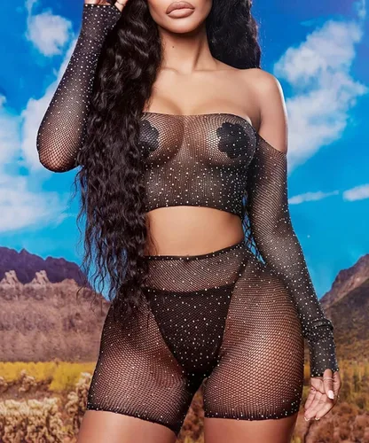 Vista 3 de Abberrki Conjunto de lencería de dos piezas de dos piezas con diseño de red de diamantes de imitación sexy para mujer