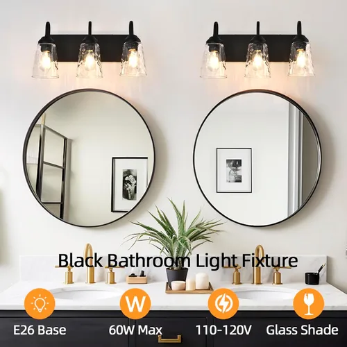 Vista 4 de Lámpara de baño de 3 luces, luces costeras con pantalla de cristal de cristal, lámpara de pared negra para espejo de cocina, pasillo, dormitorio