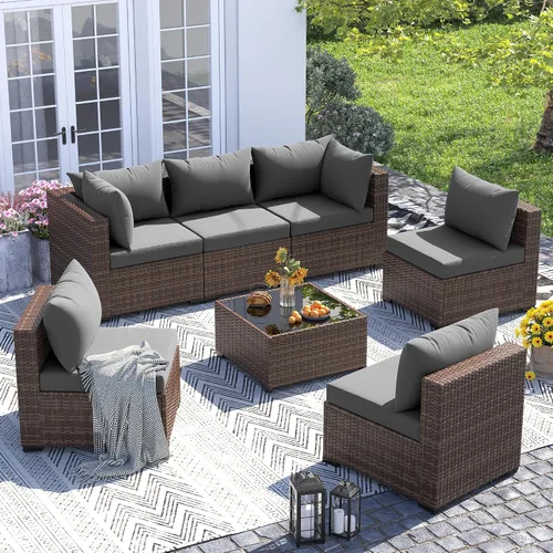 Vista 14 de UDPATIO Muebles de exterior 7 piezas de mimbre para patio, cojín Beige