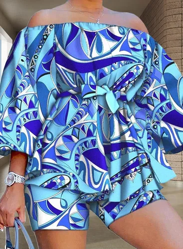 Vista 3 de EQQZD 2 Piece African Outfits for Women Boho Floral Print Off Shoulder Romper Top Shorts Set Plus