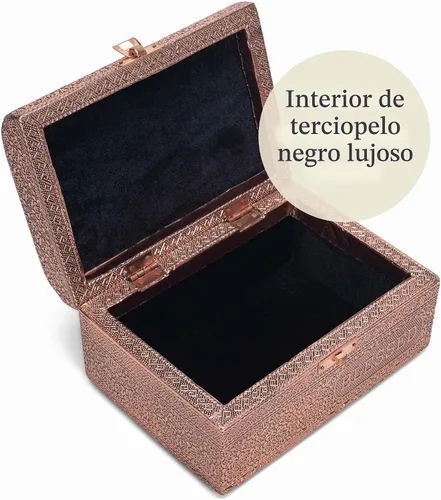 Vista 3 de Cottage Garden Caja de recuerdos de baúl de tapa redonda estampada de metal en tono cobre bendecido